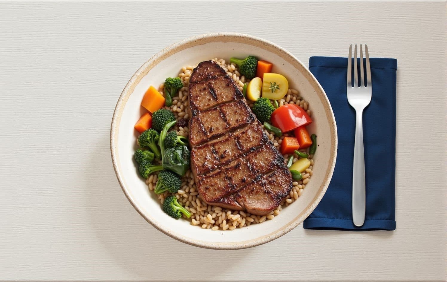Bife grelhado com arroz integral, legumes e espinafre